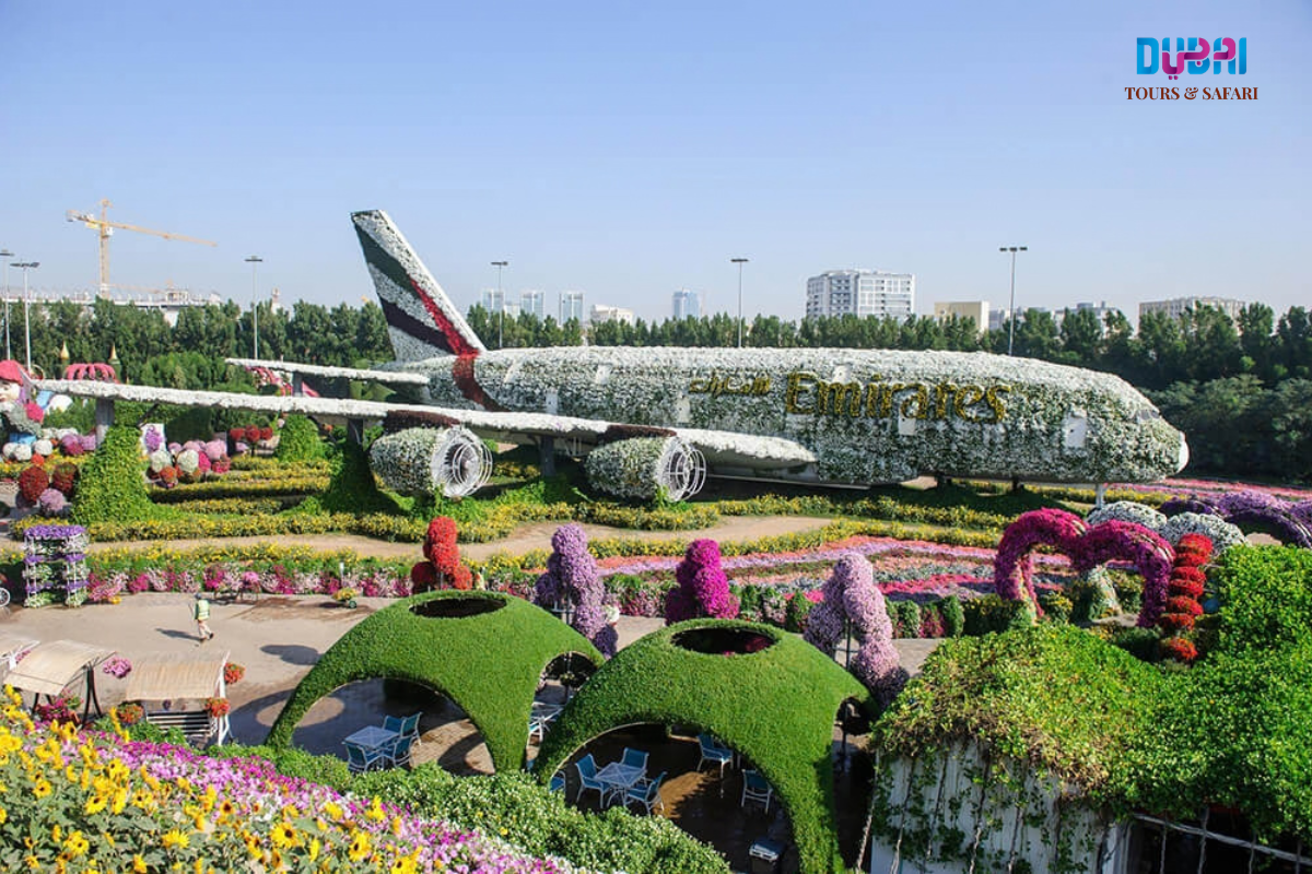 Emirates A380 aircraft covered in flowers at Dubai Miracle Garden