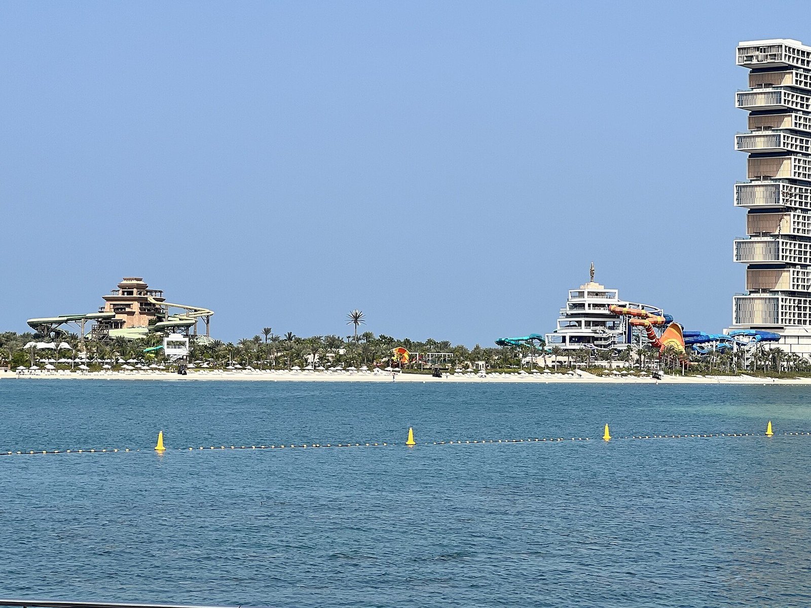 Aquaventure World waterpark and beach on Palm Jumeirah, seen from the sea