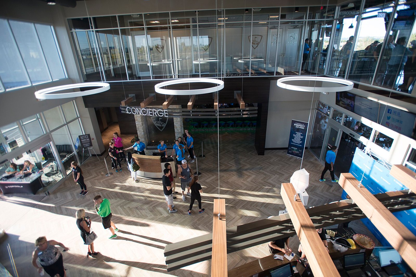 Check-in lobby inside a Topgolf venue
