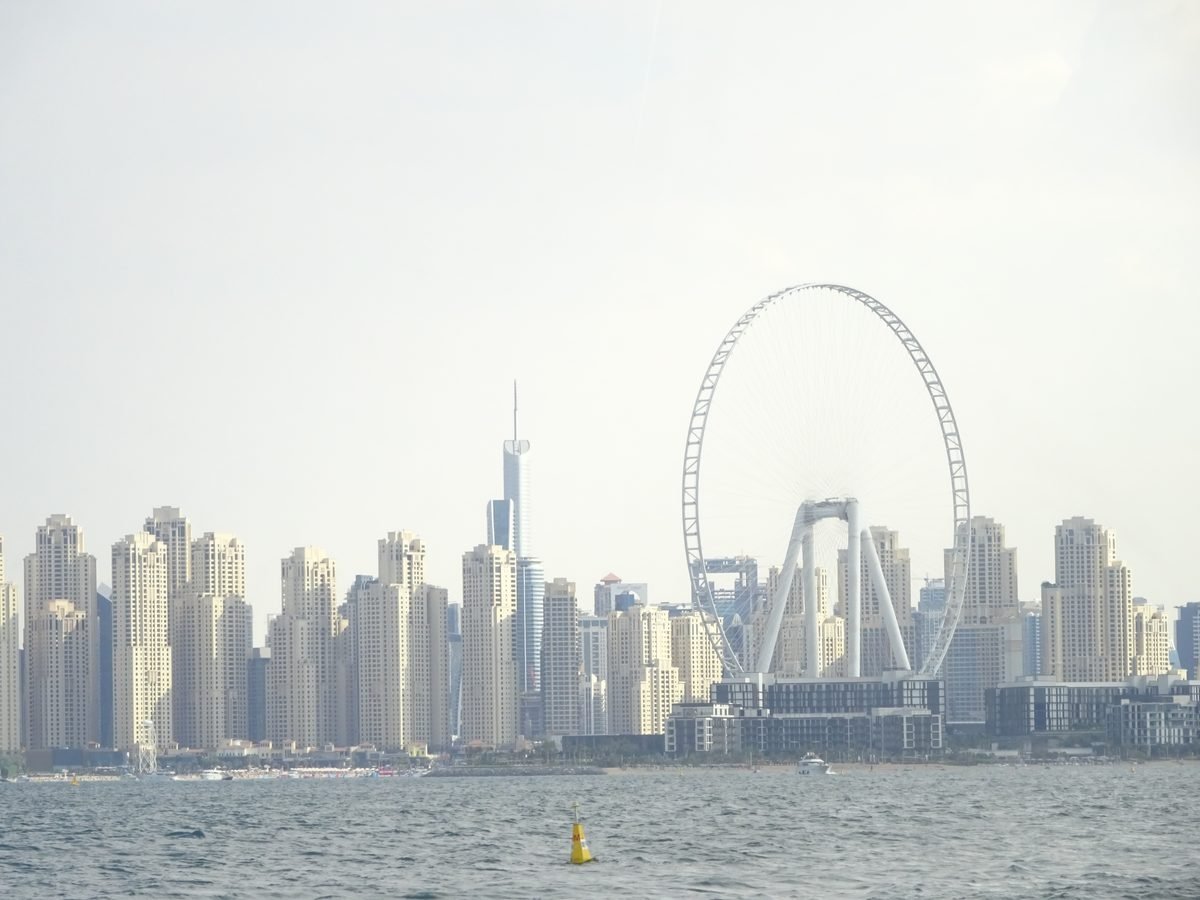 Ain Dubai on Bluewaters Island seen from the water during a Dubai Marina cruise