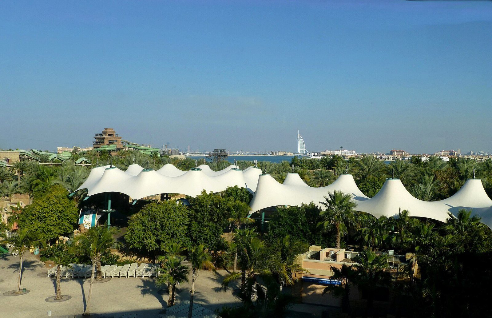 View of Aquaventure Waterpark from the Palm Monorail, Dubai