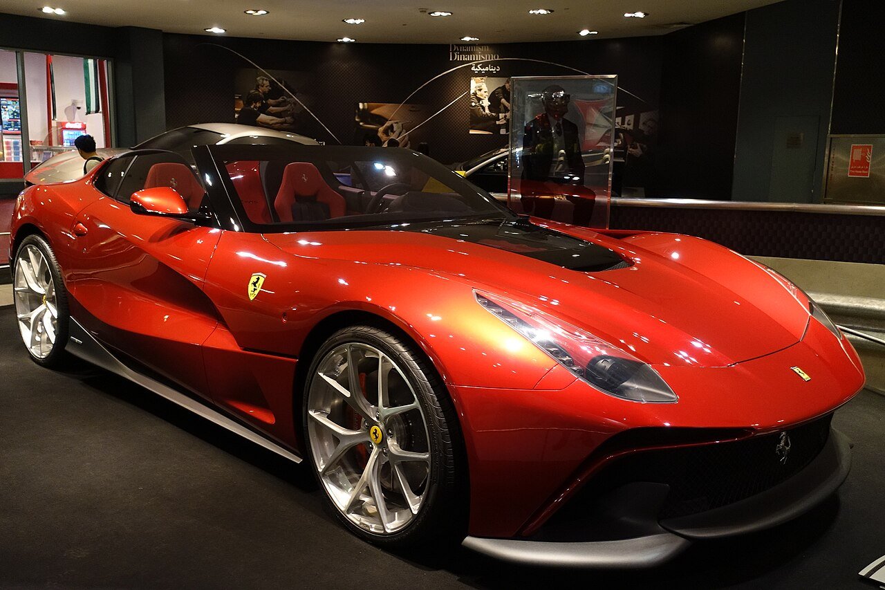 Red Ferrari on display inside Ferrari World Abu Dhabi